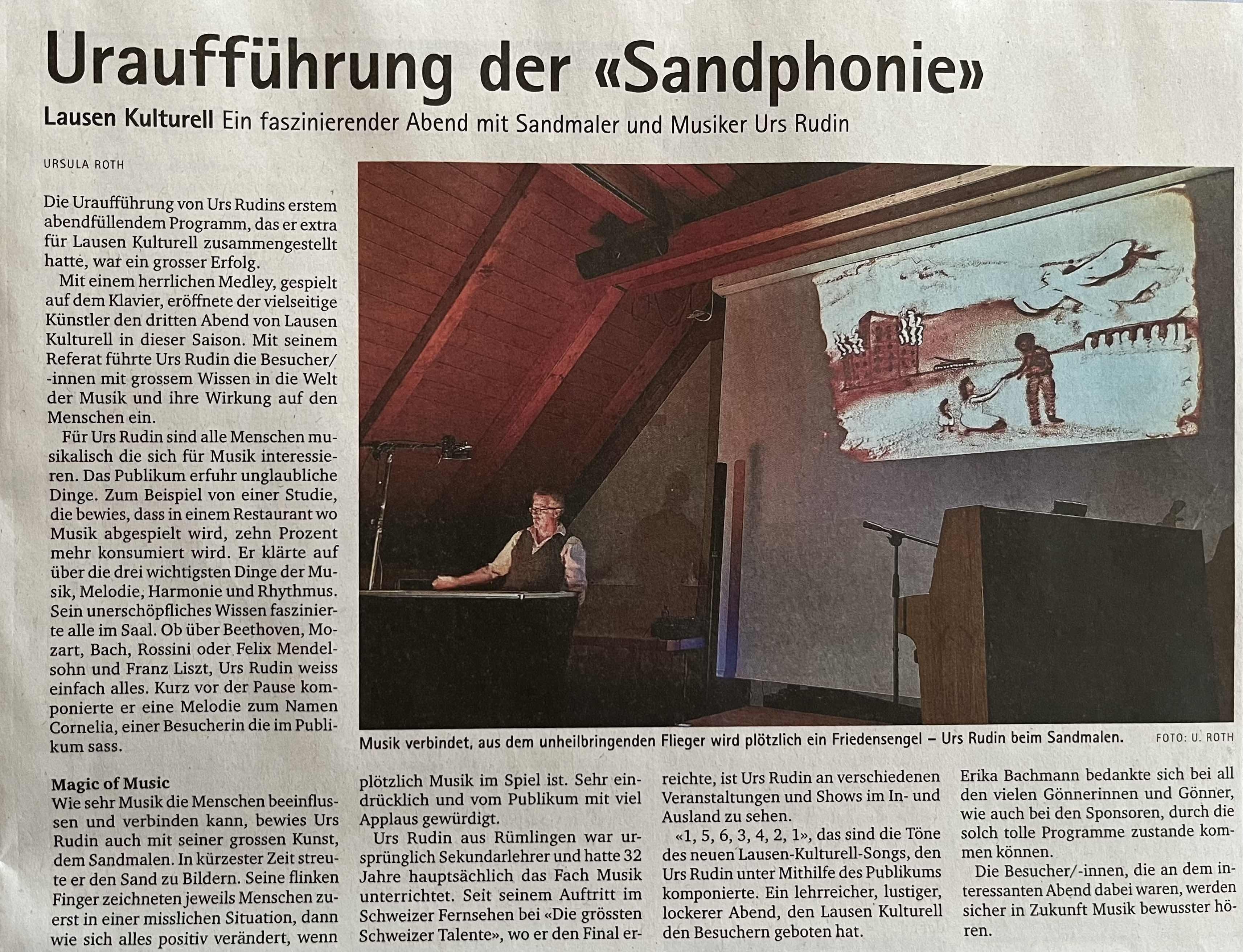 Uraufführung der Sandphonie  - Pressebericht über Urs Rudin