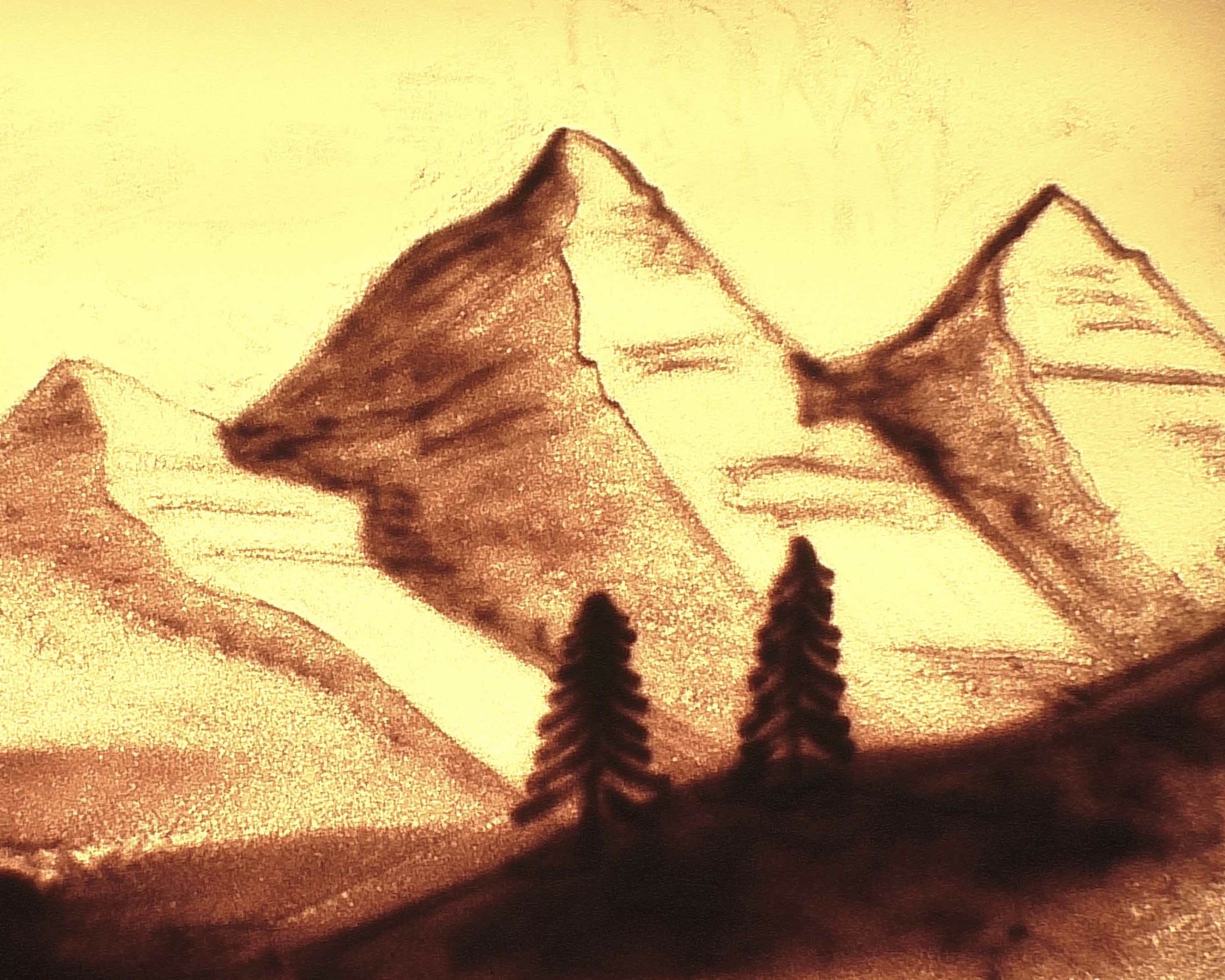 Von Urs Rudin mit Sand gemalte Alpenlandschaft