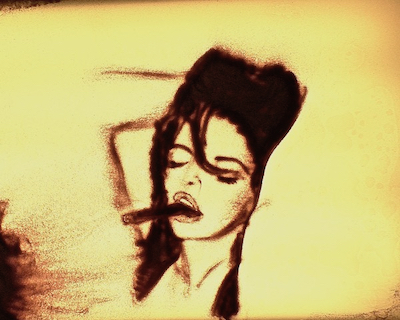 Von Urs Rudin mit Sand gemalte relaxte Frau